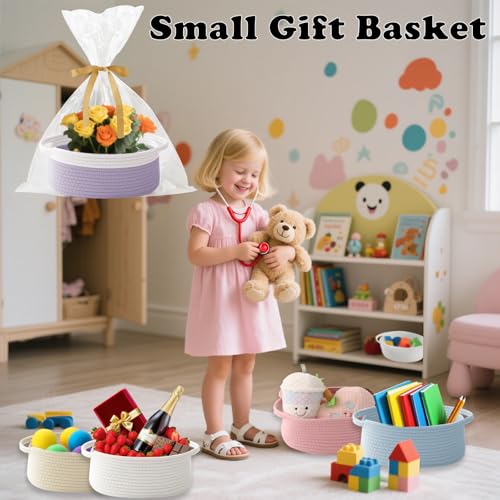Image of Woven Rope Basket-Baby Gift Basket with Bag & Ribbon, White&Purple