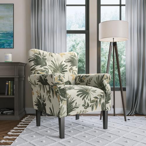 Image of BELLEZE Modern Accent Chair, High Back Armchair, Upholstered Wingback Side Chair, Padded Single Sofa with Wooden Legs for Living Room, Bedroom - Green Floral