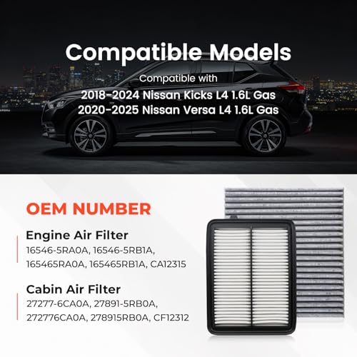 Image of 165465RA0A Engine and Cabin Air Filter Kit for Nissan Kicks 2018-2024 Versa 2020-2024 L4 1.6L Replacement 165465RB1A 272776CA0A 278915RB0A CA12315 CF12312