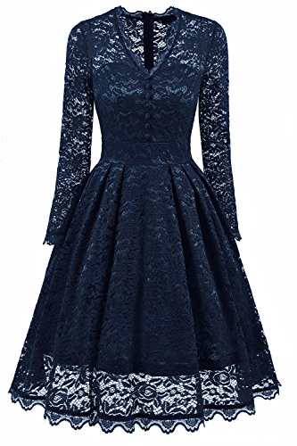 NALATI Women Vintage Long Sleeve V Neck Floral Print Party Cocktail Dress (M=UK 10-12, Navy Blue)