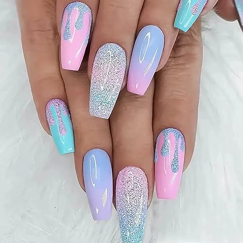 Press on Nails Medium Coffin SWEKKE Summer Fake Nails Colorful Fu...
