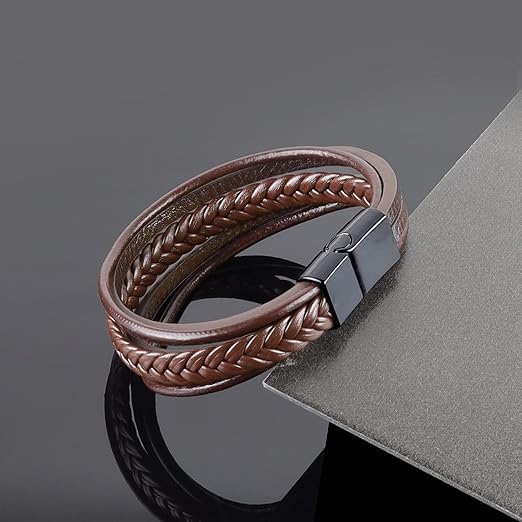 Men Leather Bracelet Multi-Layer Braided Genuine Leather with Stainless Steel Clasp, Brown Braided Leather Bracelet for Men, Mens Leather Wristband4