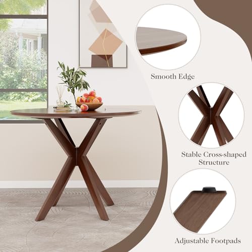 Image of Giantex 36 inch Round Wood Dining Table, Farmhouse Kitchen Table with Intersecting Pedestal Base & Solid Rubber Wood Legs, Vintage Coffee Tables for Dinette, Small Spaces, Restaurant, Brown