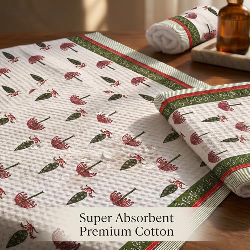 Image of Mafatlal Madhuban Quick Dry Waffle Set (1 Bath 147x76 cm + 2 Hand 76x38 cm) | 250 GSM |Cotton, Lightweight, Hand Printed | Courtyard Color