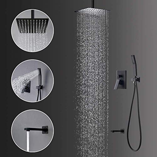 Ensemble de douche de luxe noir mat encastré au plafond avec bec de bain