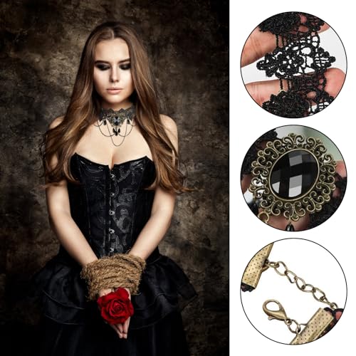 4PCS Gothic Halskette Set, Choker Kette Damen Schwarz, Spitze Halsband, Vintage Lolita Kostüm Zubehör Schmuck für Karnevals Maskerade Party