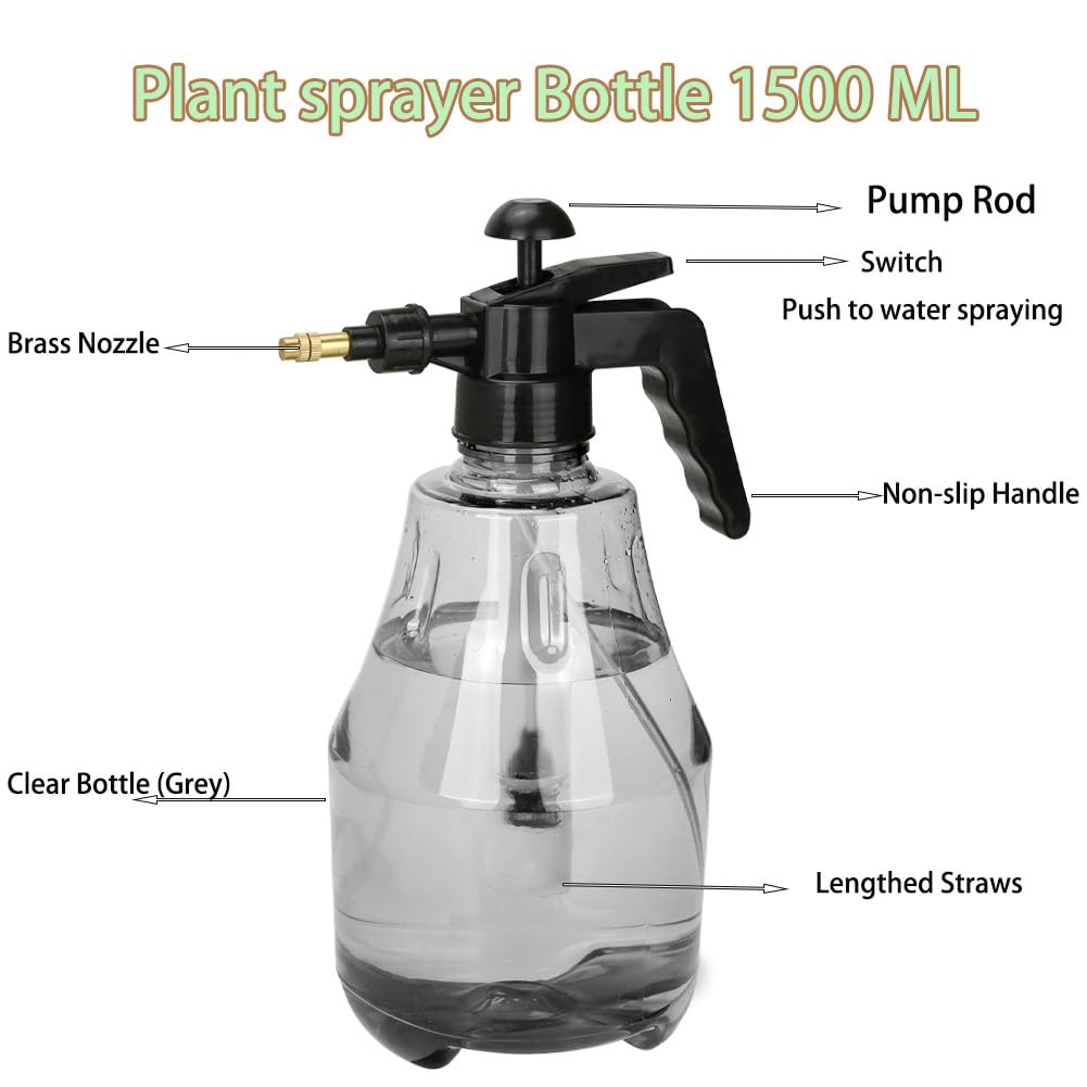 Paquete de 2 pulverizadores de bomba de jardín de mano, botella de agua a presión para césped y jardín de 50 onzas con boquilla de latón ajustable, para plantas y otras soluciones de limpieza (1.5 L