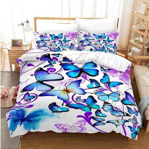 EHAOKK Parure de lit avec housse de couette Papillon doré, Bleu, Lilas, Papillon fantaisie coloré, Ensemble de literie Papillons 3D (C, 135x200cm)