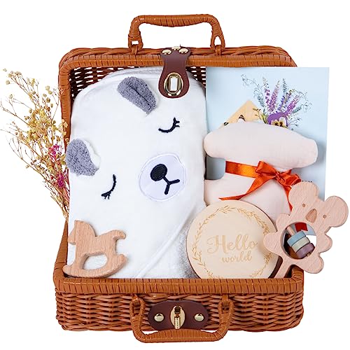 Baby Shower Gifts, New Born Baby Gifts for Girls Boys, Unique Baby Shower Gifts Basket Includes Newborn Blanket,Security Beech Wood Koala Rattle,Milestones, Little Wooden Horse&Funny Greeting Card