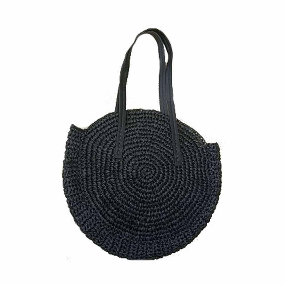 Damen Runde Strohtasche Vintage Handgemachte Umhängetasche Große Kapazität Strandtasche Böhmische Schultertasche Korbtasche mit Reißverschluss Geflochten Tasche für Reisen Urlaub Schwarz