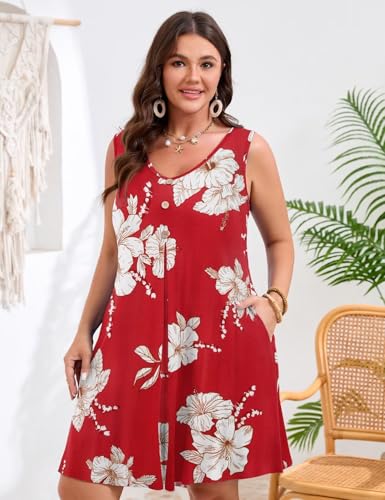 Image of JollieLovin Women Plus Size Summer Sundress Tank Sleeveless V Neck Beach Swing Dress Swimsuit Cover ups(L-5X)