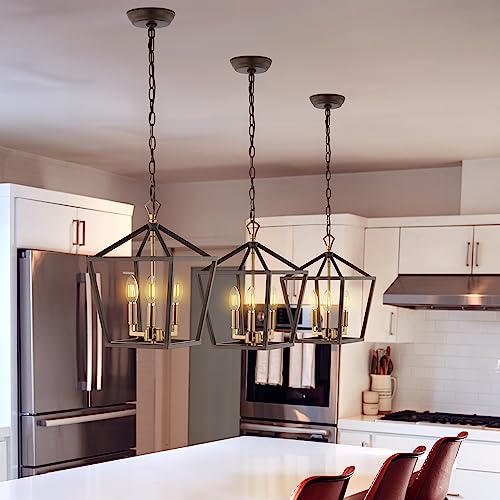 Image of JONATHAN Y Ojai Pagoda Pendant Lantern 10 inch, Oil Rubbed Bronze /Brass Gold | 3-Light, Metal Frame Construction, LED Bulbs Included, Adjustable Chain, Classic Farmhouse Chandelier, Entry Foyer Decor