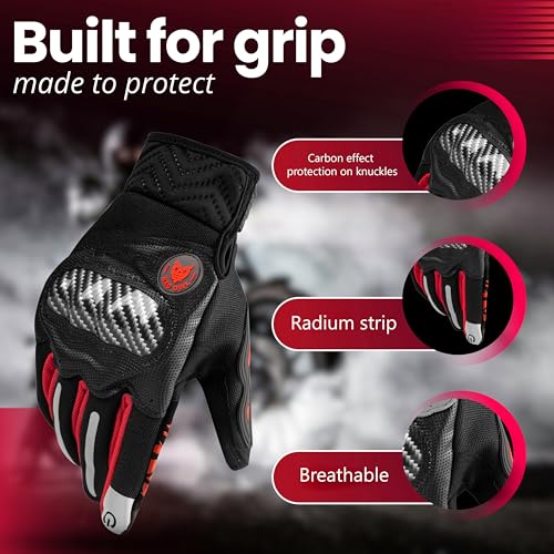 Image of BADOWL Carbon Fiber PVC Knuckle Protection Riding Gloves | Touchscreen Sports Gloves with Anti-Slip Grip | Breathable, All-Weather, (RED, M)