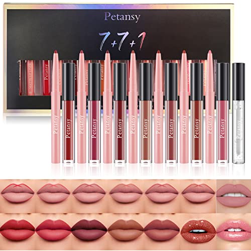 15 Pcs KTouler 7 + 7 + 1 Shimmer&Matte Lip Liner et ensemble de rouge à lèvres, velours mat hydratant imperméable longue durée brillant à lèvres maquillage coffret cadeau pour femmes et filles Cover