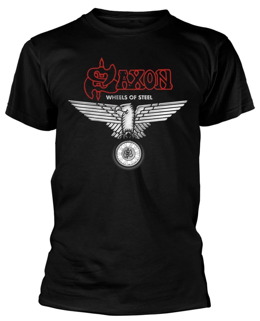 Razamataz Saxon 'Wheels of Steel' (Black) T-Shirt (as8, Alpha, x_l, Regular, Regular)