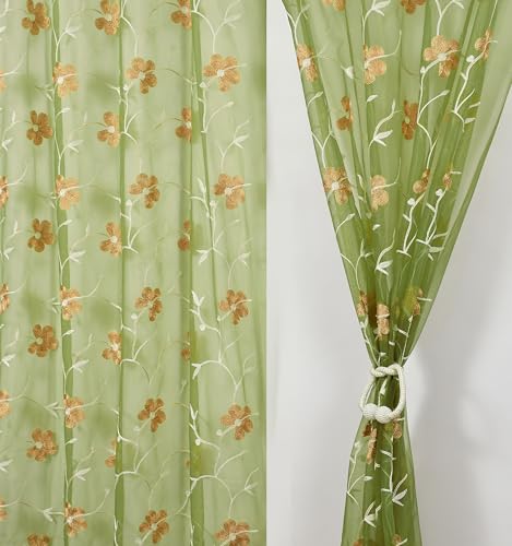 Image of Homefab India Embroidery Floral Net Transparent Sheer Curtain - 5X4 Feet, Window Curtains, Green, Pack of 1 Pc