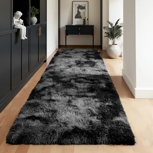 Zentavio Runner Rugs for Hallway 2x6 Shag Soft Bedroom Bedside Rugs Non Slip Fluffy Carpet for Kids Girls Boys Home Decor Aesthetic Dorm Nursery Tie-Dyed Black Grey