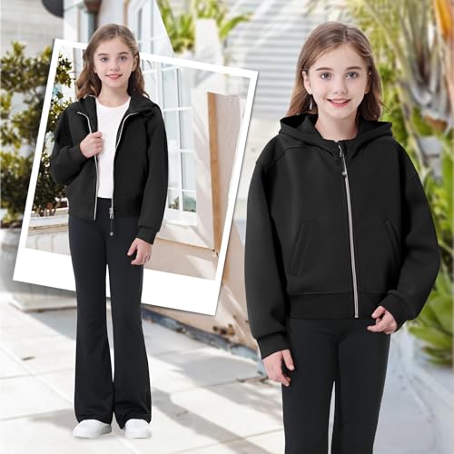 Rolanko Girls Zip Up Hoodies Cropped Sweatshirts Long Sleeve Jackets with Pockets Kids Tops Clothes 7-15 Years4