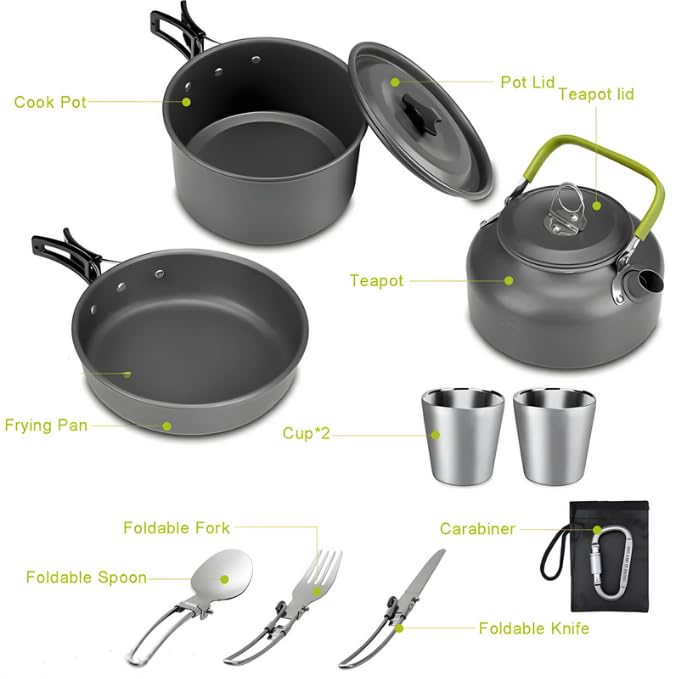 Image of 12-Piece Camping Cookware Mess Kit with Tea Pot, Lightweight Nonstick Pot & Pan Set with Spork, Bowls, Knife & Travel Bag - Compact Outdoor Cooking Gear for Backpacking, Hiking, Scouts