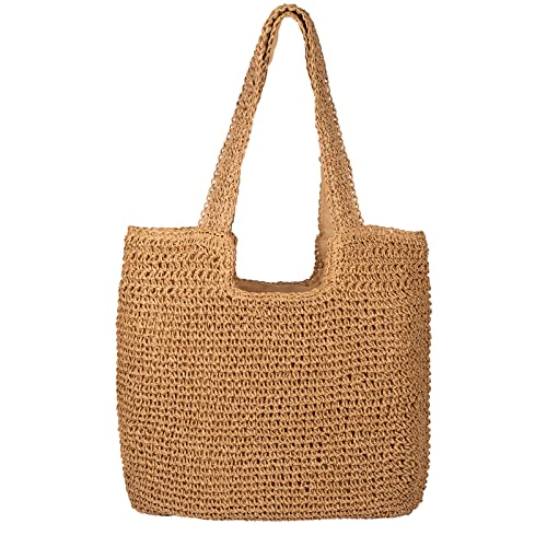 Anchang Straw Beach Bag Handmade Tote Bag Women Straw Bag Large Capacity Beach Bag Soft Woven Bag Shoulder Bag Summer Handbag (Brown) #TOP4