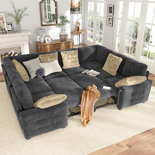 Image of Hanherry Sectional Couch with Pull Out Sofa Bed,Chenille Sleeper Sofa with 2 Seat Storage & USB Charging,Comfy L Shaped Modular Couches for Living Room,Apartment