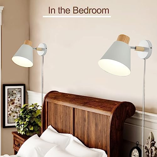 White Plug in Wall Sconces with Switch for Bedroom, Modern Rotation Wall Lamps Up Down E26 Mounted Fixture Wood Metal Lighting Switch Bedside Decor Reading Lights for Kids Bedroom, Living Room 4 51PHzL8E2eL. AC
