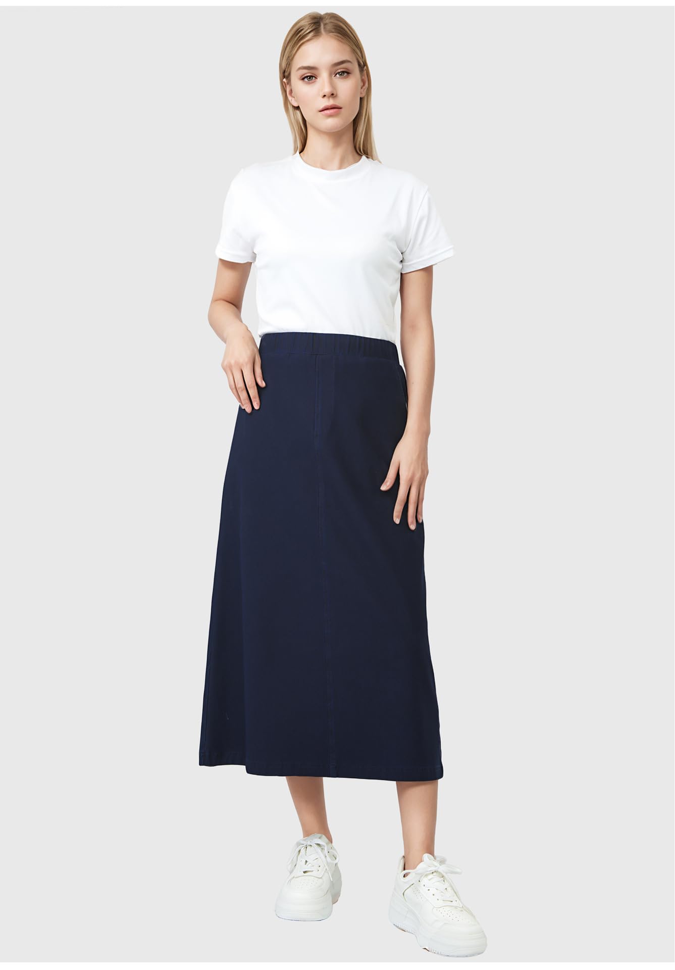 Faldas Vaqueras para Mujer, Mezclilla Lavada Azul Oscuro, Cintura Alta Elástica, Bolsillo Trasero, Faldas Midi De Corte A, Verano, Casual, Diario, Salidas, Elegantes, Parte Inferior