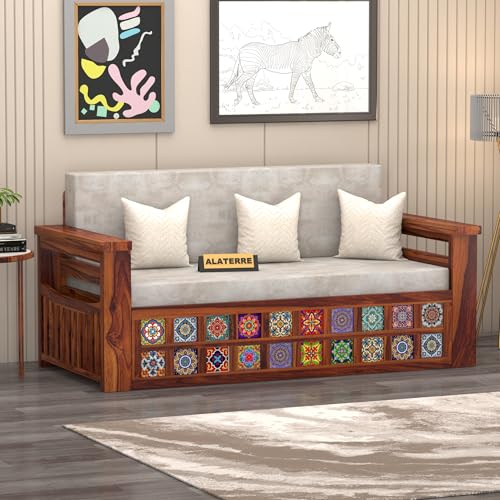 Image of Solid Sheesham Wood Sofa Cums Bed with Cushioned Seating & Handcrafted Tile Storage Front | Rosewood Convertible Sofa Bed for Living Room & Bedroom (Honey Finish)