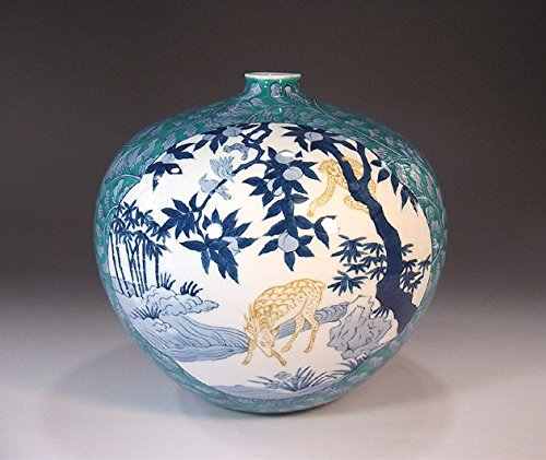 有田焼伝統工芸・総手描き 色鍋島様式唐草文様桐絵飾り花瓶 陶芸作家 藤井