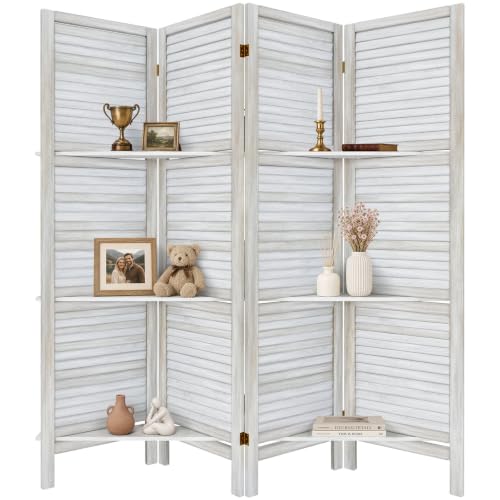 Distressed White Room Divider with Shelves