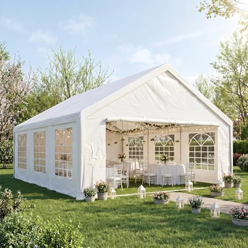COBIZI 20x20 Heavy Duty Party Tent Outdoor Waterproof Canopy with 10 Church Windows & 6 Sidewalls, Built-in Sandbag, White Powder Coating Commercial Event Shelter Tents for Parties Wedding BBQ Patio