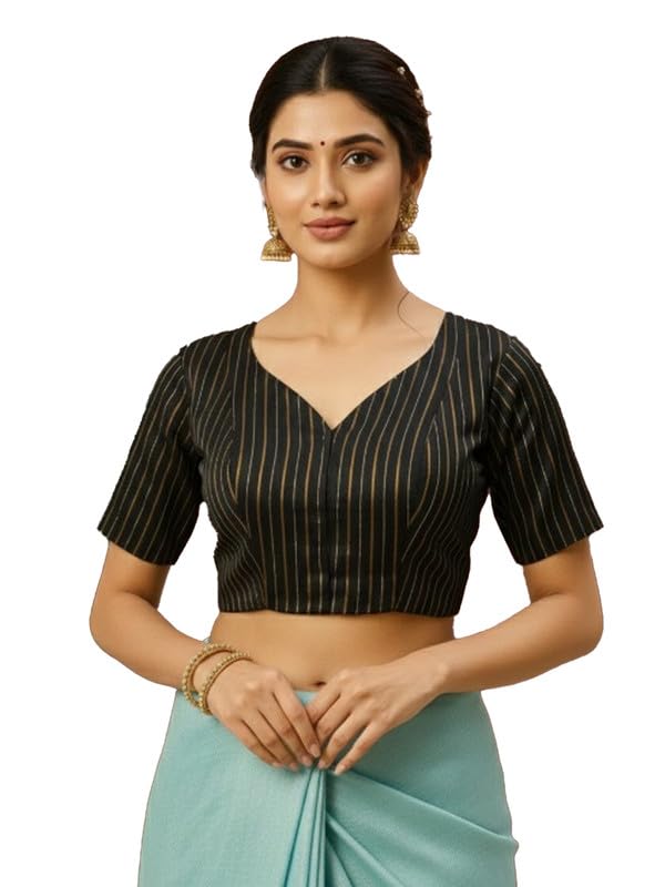 Elegant Cotton Silk Half Sleeves Striped Blouse Black-image-49