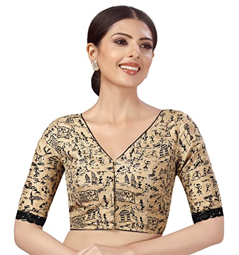 Image of Studio Shringaar Women's Readymade Polyester WarliArt Saree Blouse with Elbow Length Sleeve