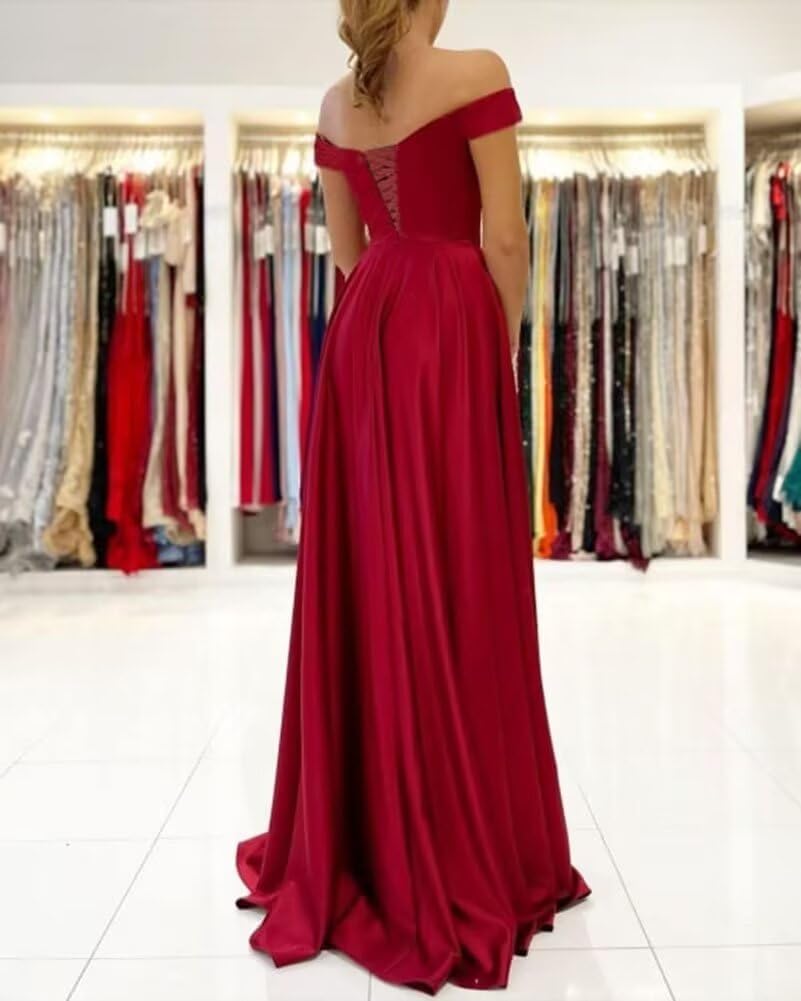 Satin Bridesmaid Dresses Long V Neck Ruched Off The Shoulder Formal Prom Dresses for Women - Image 2