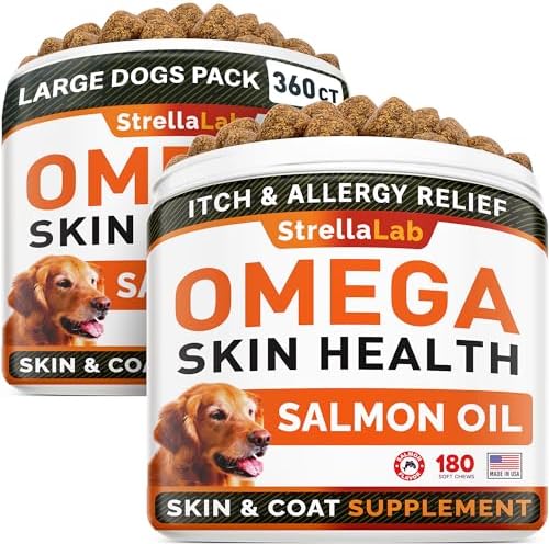 STRELLALAB Omega 3 for Dogs – (360Ct) Fish Oil Treats – Allergy & Itch Relief Skin&Coat Supplement – Dry Itchy Skin, Shedding, Hot Spots Treatment, Anti Itch – Pet Salmon Oil Chews – Salmon Flavor