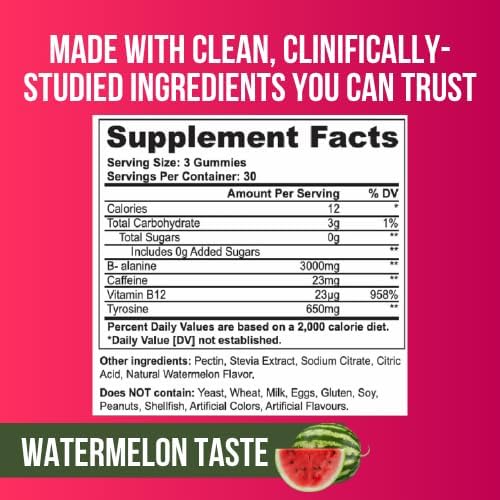 Pre-Workout Gummies – 90-Count Preworkout Gummies with Caffeine, Vitamin B12 – Pre-Workout Supplement for Women and Men – for Energy Boost, Endurance, Muscle Strength – Watermelon - Image 7