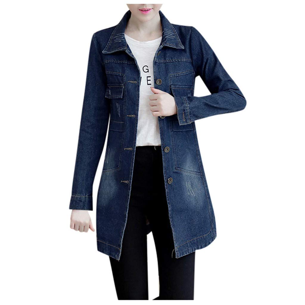 aihihe Denim Jacket for Women Plus Size Casual Lapel Slim Long Sleeve Denim Outwear Button Long Jacket Windbreaker