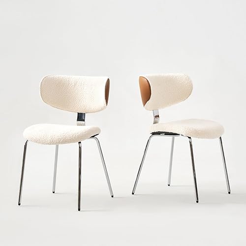 Modern Boucle - Juego de 2 sillas de comedor de piel sintética, respaldo curvado, sillas de comedor tapizadas con patas de metal, color blanco