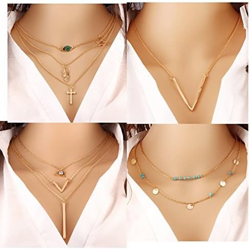 Juanerjie 4 PCS Women's Gold-Plating Multilayer Metal Calaite Paillette Eye Leaves Cross Pendant Clavicle Chain