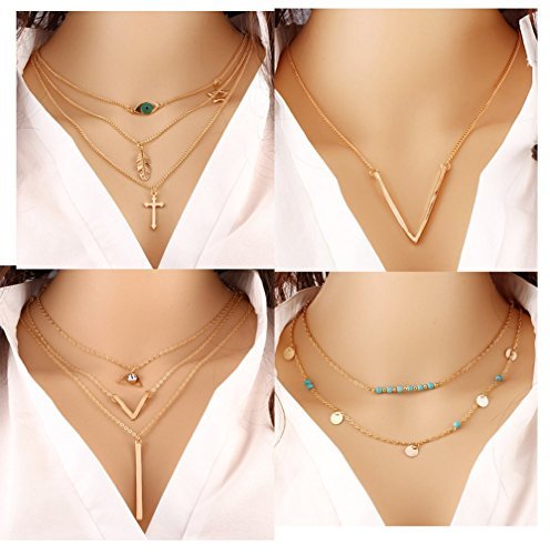 Juanerjie 4 PCS Women's Gold-Plating Multilayer Metal Calaite Paillette Eye Leaves Cross Pendant Clavicle Chain