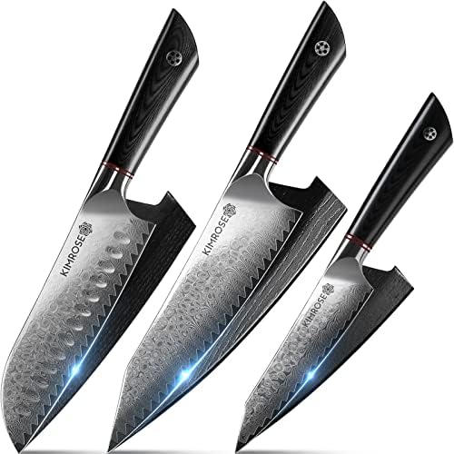 KIMROSE Damascus Knife Set - 3PCS - 67 Layers 10Cr15CoMoV Alloy Steel - Professional Chef Knife - Black G10 Handle - Razor Sharp Kitchen Knives - with Wooden Magnetic Sheath - Luxury Gift Box