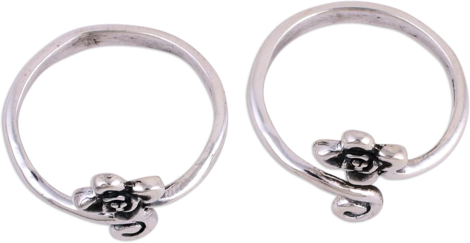 NOVICA Artisan Handmade Sterling Silver Toe Rings Flower Motif Pair India Floral [ 2 mm W] ' Flower and Swirl' Pair