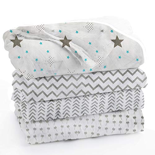 Image of Pure Cotton Muslin Baby Swaddle Blanket for Newborn - Pack of 4, Size 120x100 CM, Grey Prints