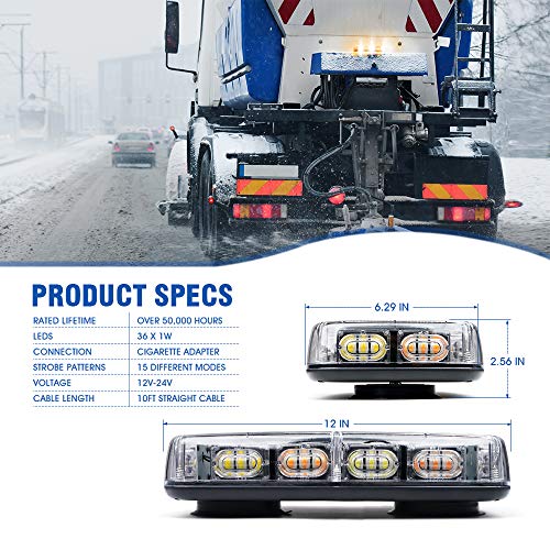 Xprite 12" Roof Top Mini Strobe Light Bar Magnetic Mount Emergency Safety Warning Caution Flashing Beacon Lights For Construction Vehicles Snow Plow Tow Trucks Postal Mail Cars (White Amber) #TOP6