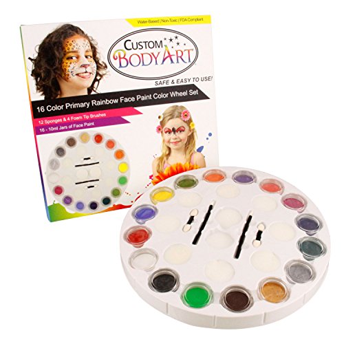 Custom Body Art Face Paint Rainbow Wheel 16 Color Primary Set with 16 Large Face Paint Jars & 16 Piece Applicator Set