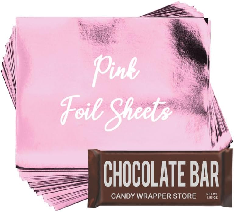 Pink Shiny Candy Bar Wrapper Foil Sheets for over wrapping chocolate bars - 40 Sheets