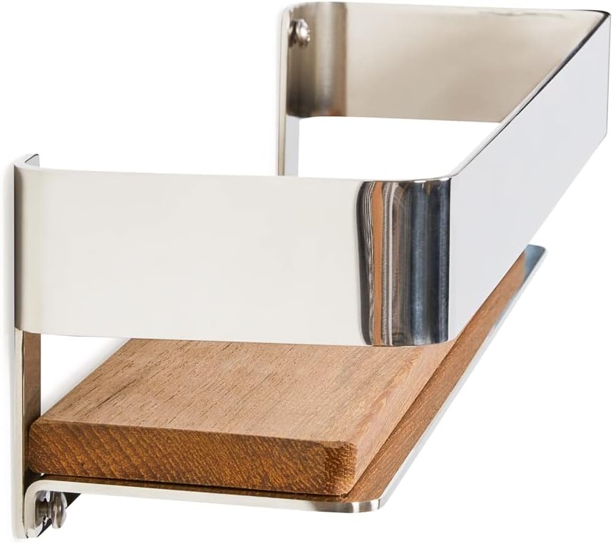 Seachrome Rectangular Shower Shelf with Rail in a Polished Finish and Natural Teak Wood Insert