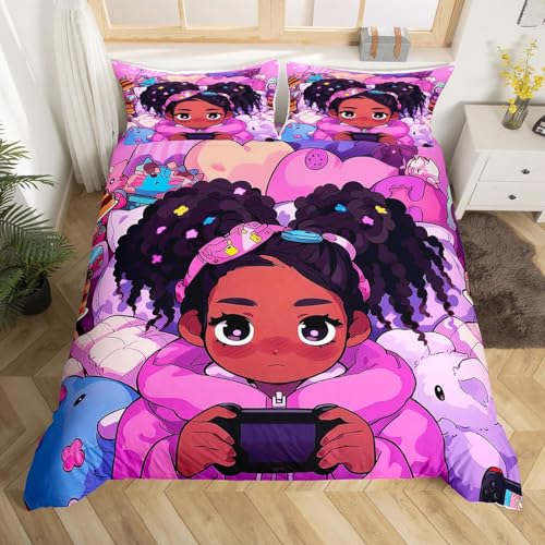 Black Girls Duvet Cover Gaming Afro Girl Twin Bedding Sets for Girls,American African Princess Magical Comforter Cover for Toddler Kids Teenager,Cute Room Decor