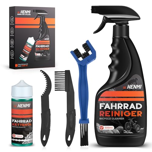 HENMI Fahrrad Reinigungsset, 7 in 1 Kettenreiniger Fahrradkette Set mit Fahrradreiniger 500ml + Fahrradkettenöl 100ml Clean Fit für Fahrradkette/Kurbel/Reifen/Radfahren Ecke Fleck für Alle Fahrräder
