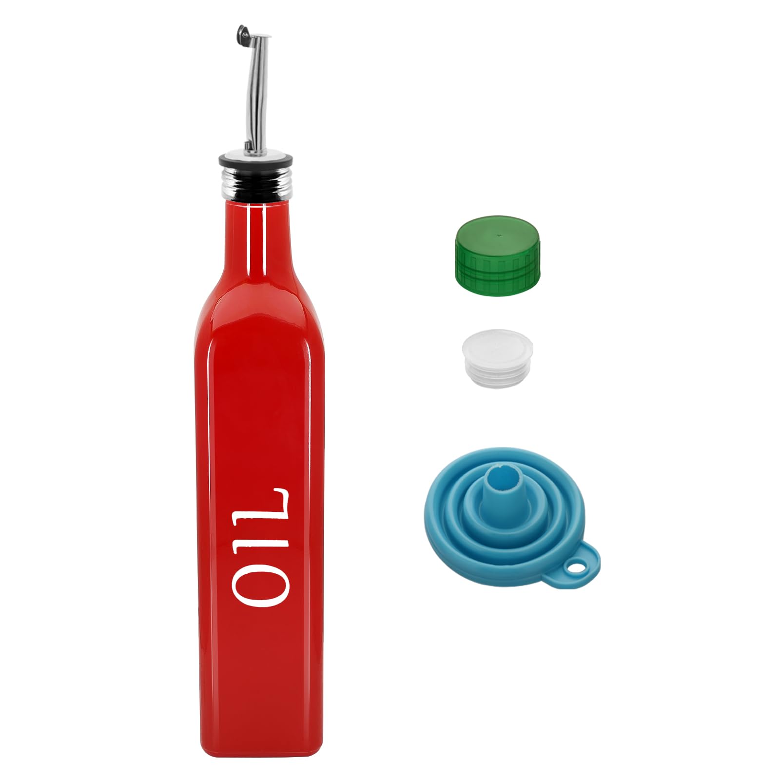 1 Pc 17oz Olive Dispenser Bottle,500ml Glass Oil and Vinegar Dispenser Set with 1 Stainless Steel Pourers,Funnel Bottles for Kitchen (Red Oil)